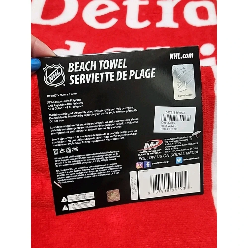 Northwest‎ NHL Detroit Red Wings Beach Towel Red White New 30x60 2016